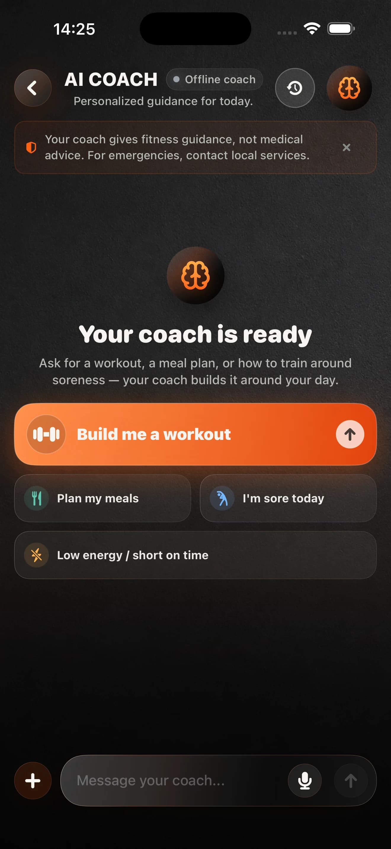 PrimeFormAI AI Coach offering workout, meal, soreness, and short-on-time pathways
