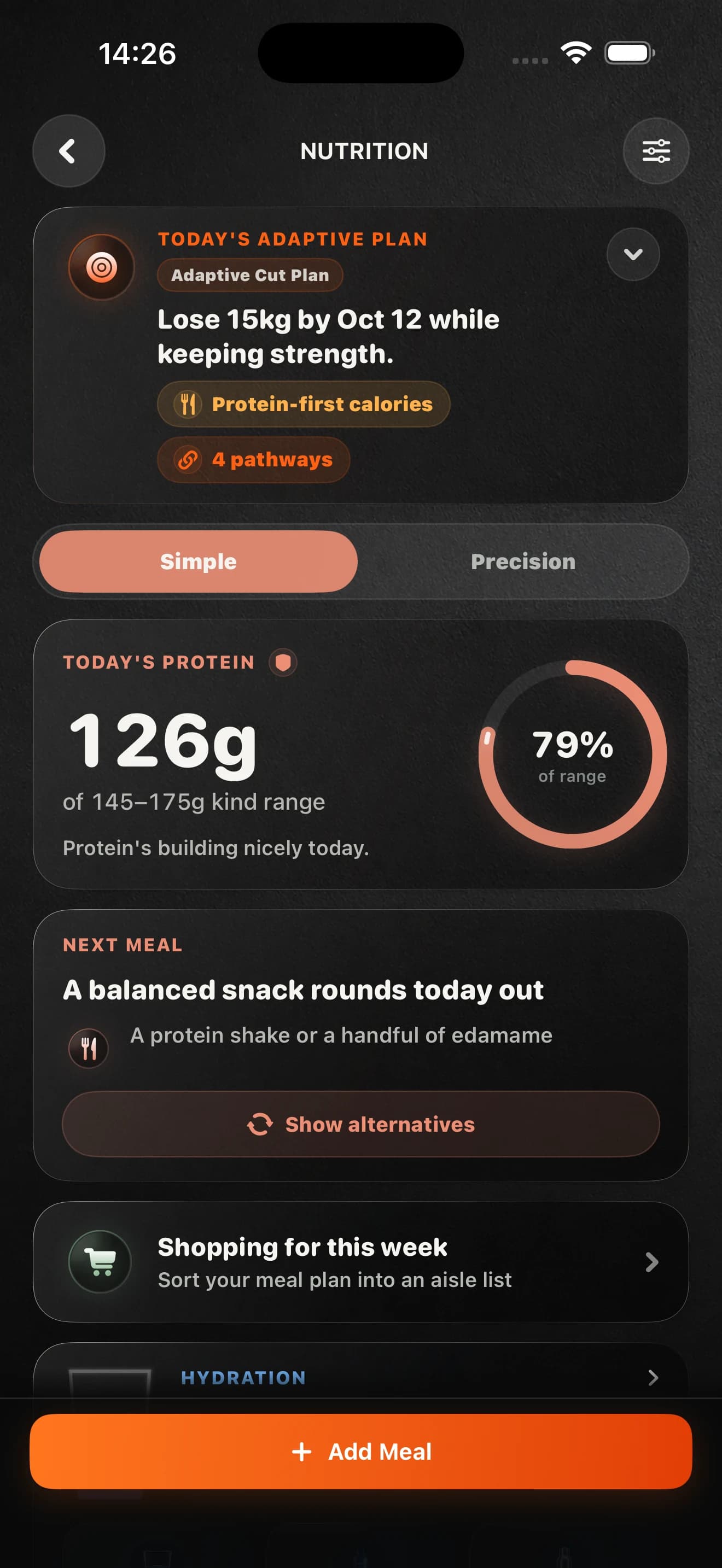 PrimeFormAI nutrition screen showing demonstration meals and macronutrient context