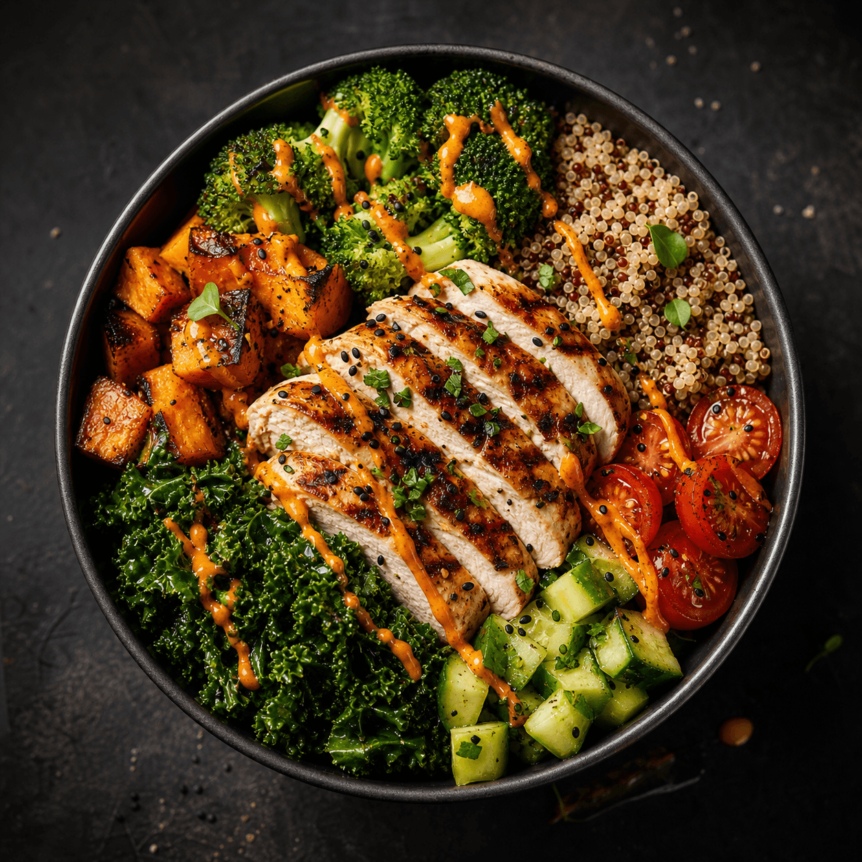 A balanced bowl with chicken, quinoa, vegetables, and sweet potato