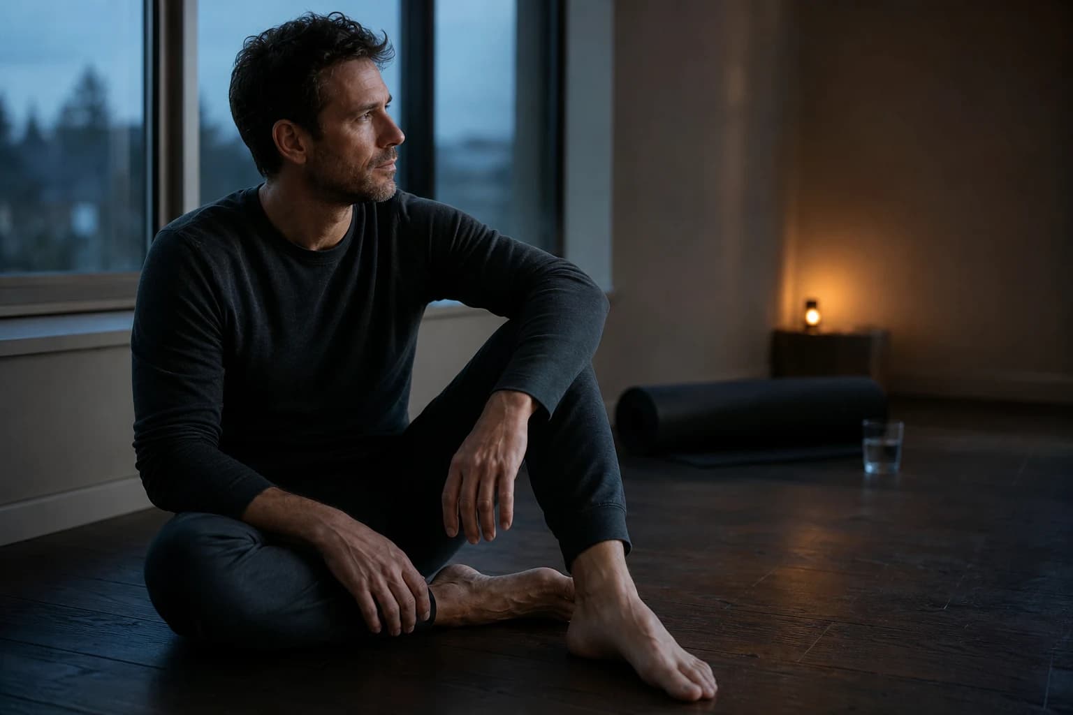 Athlete seated in a relaxed recovery pose after a mobility session